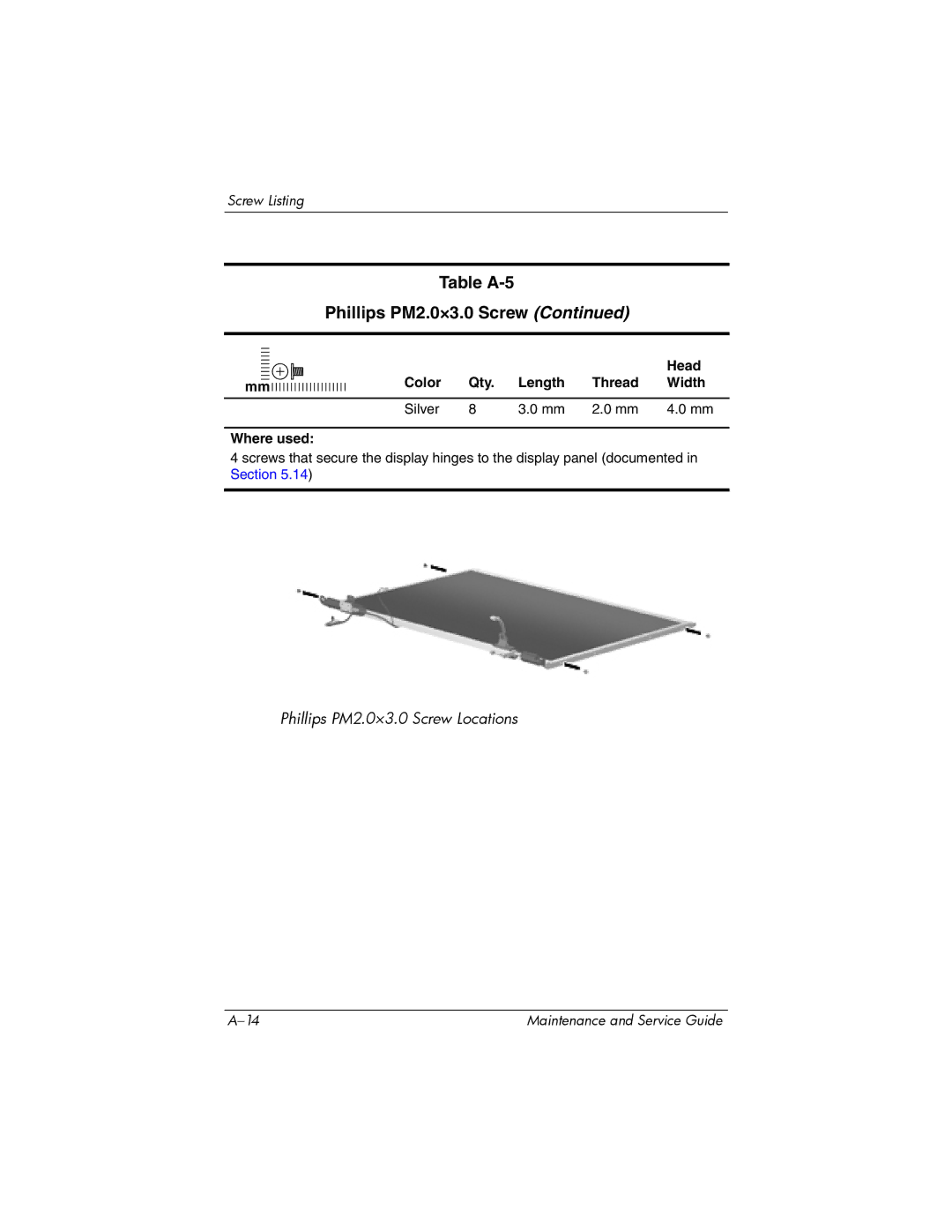 HP dv9000 manual Table A-5 Phillips PM2.0×3.0 Screw 