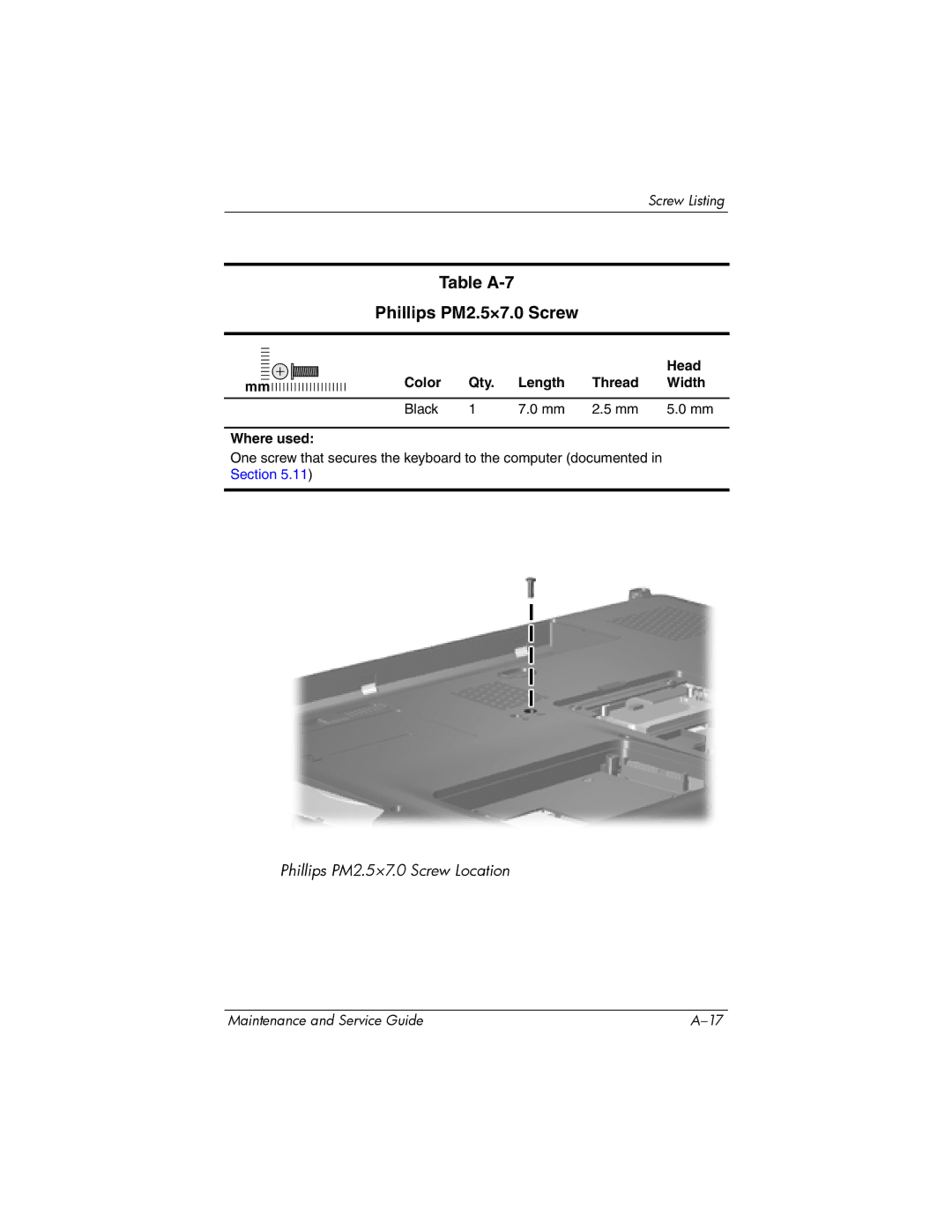 HP dv9000 manual Table A-7 Phillips PM2.5×7.0 Screw, Color Qty Length Thread Width Black Where used 