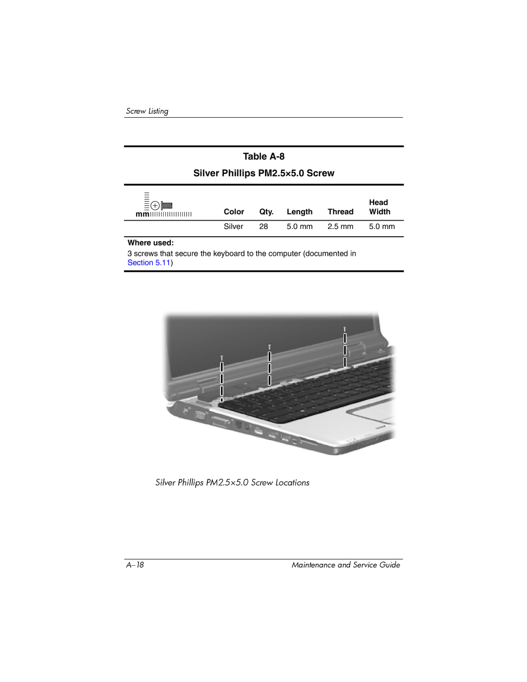 HP dv9000 manual Table A-8 Silver Phillips PM2.5×5.0 Screw 