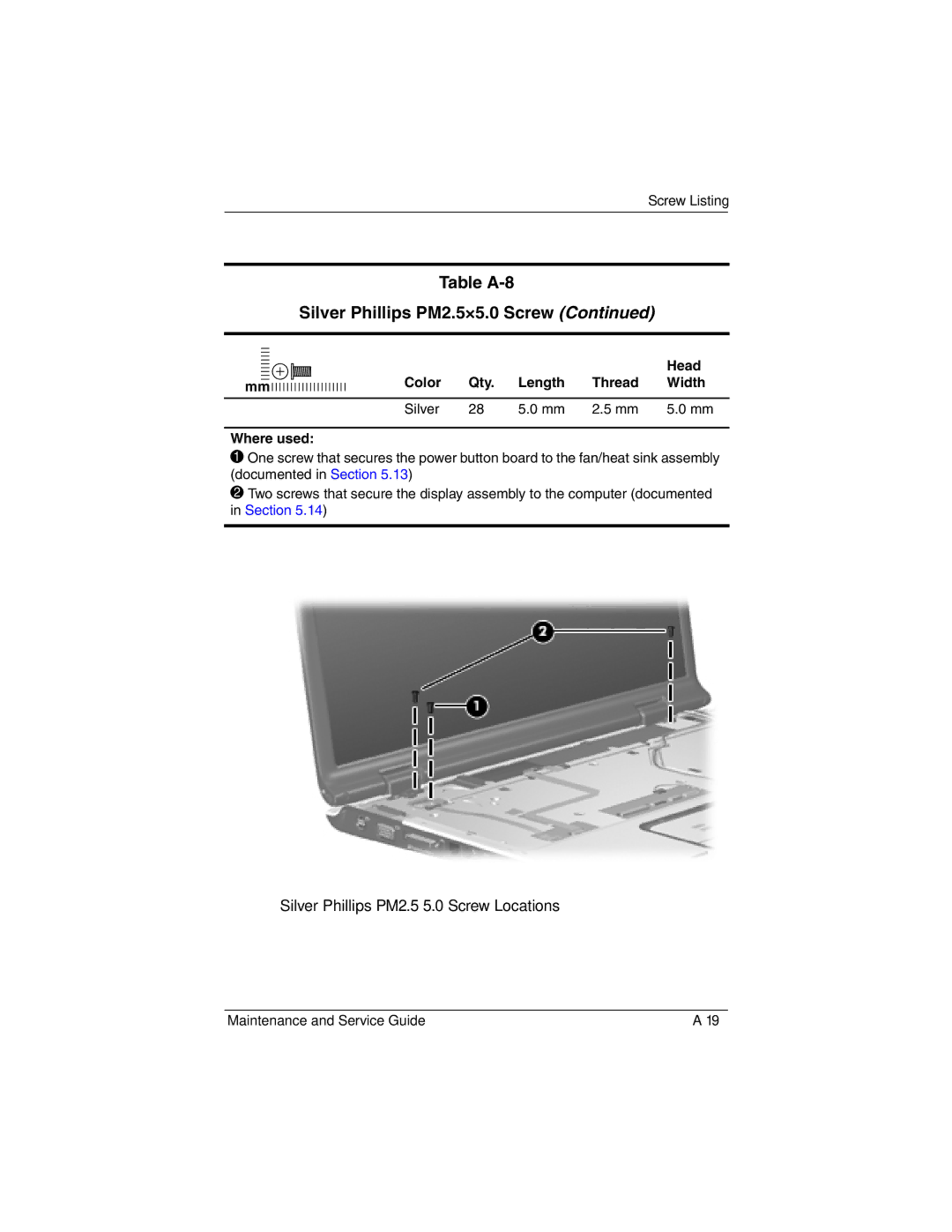 HP dv9000 manual Table A-8 Silver Phillips PM2.5×5.0 Screw 