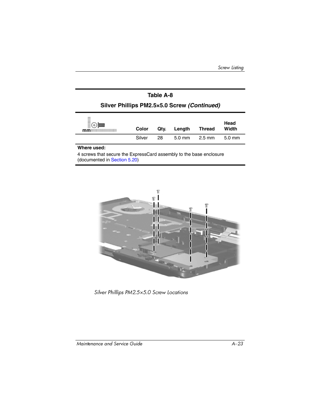 HP dv9000 manual Table A-8 Silver Phillips PM2.5×5.0 Screw 