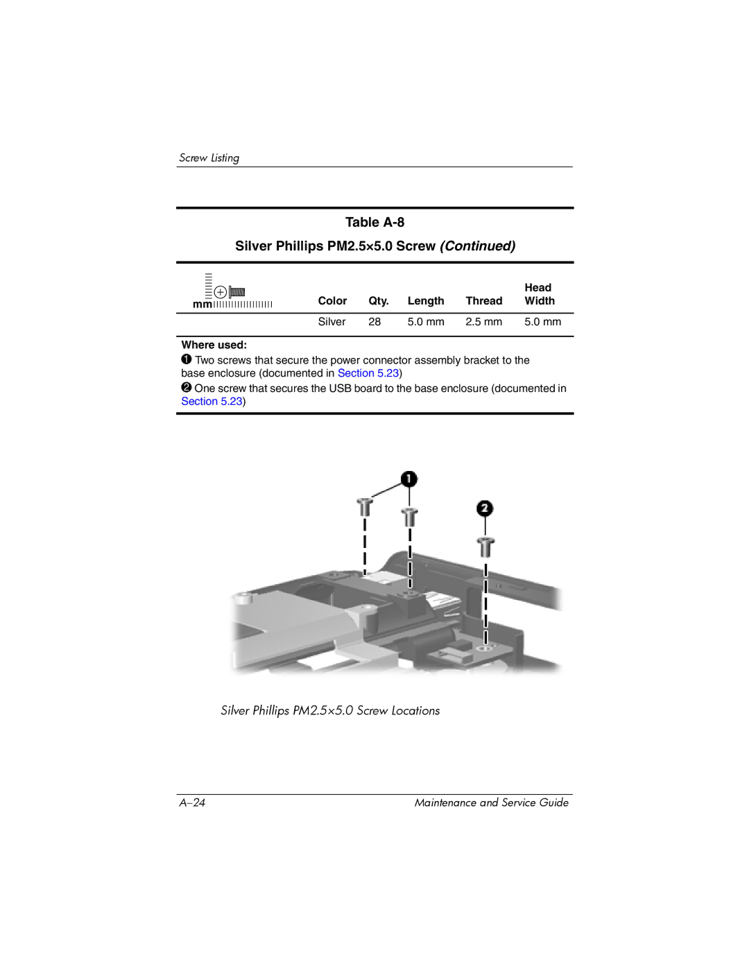 HP dv9000 manual Table A-8 Silver Phillips PM2.5×5.0 Screw 