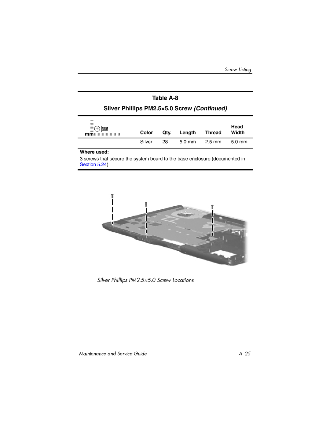 HP dv9000 manual Table A-8 Silver Phillips PM2.5×5.0 Screw 