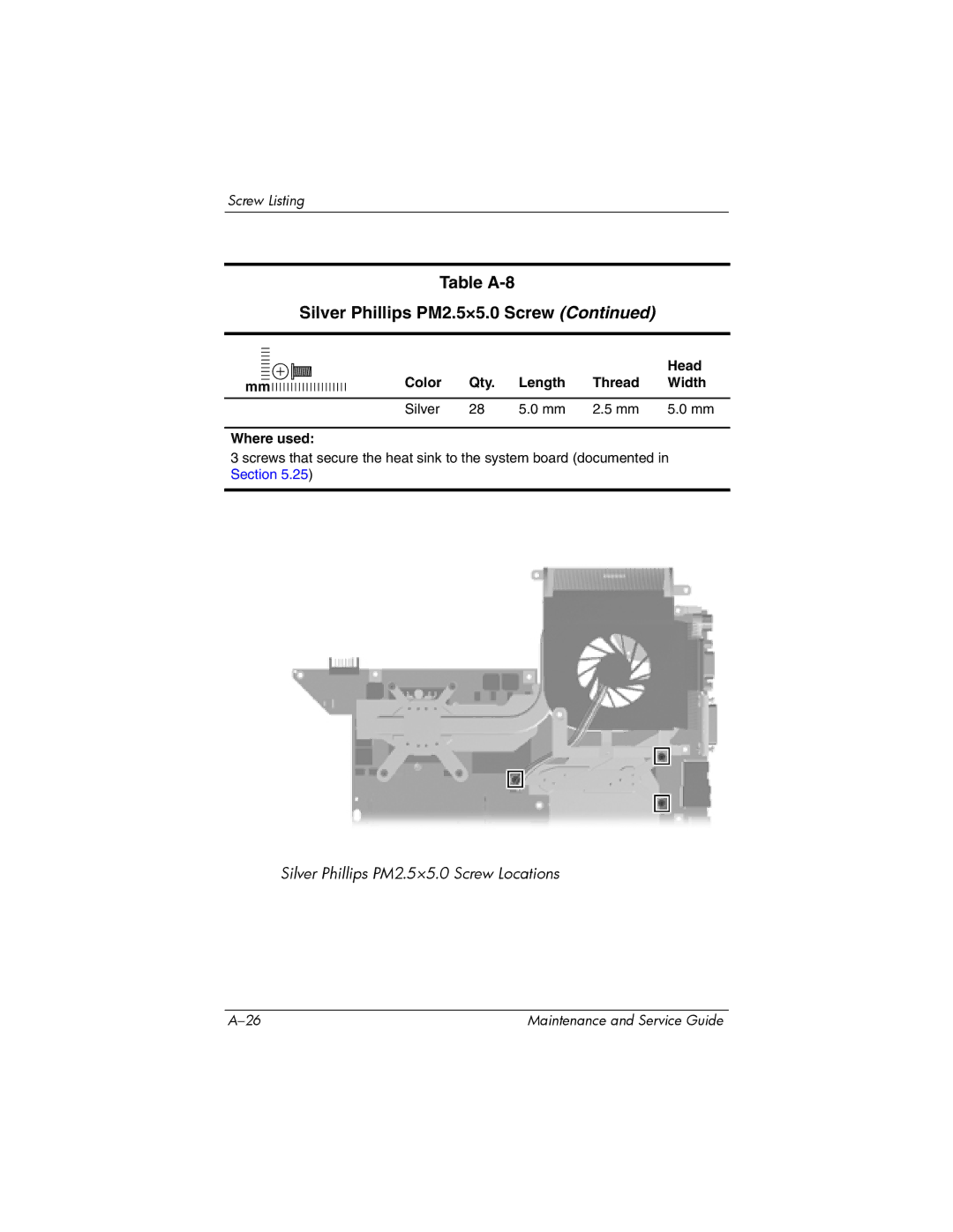 HP dv9000 manual Table A-8 Silver Phillips PM2.5×5.0 Screw 