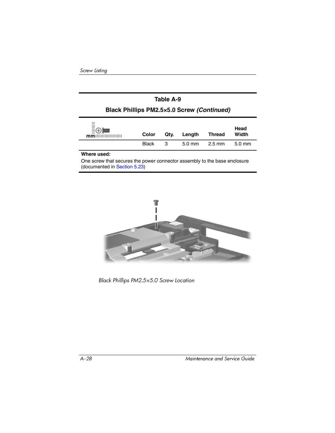 HP dv9000 manual Black Phillips PM2.5×5.0 Screw Location 