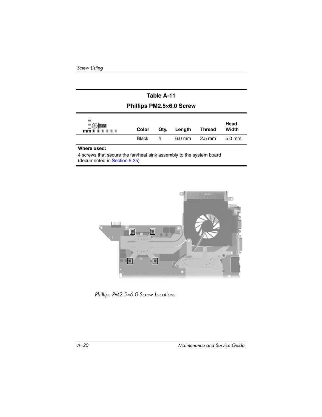 HP dv9000 manual Table A-11 Phillips PM2.5×6.0 Screw 