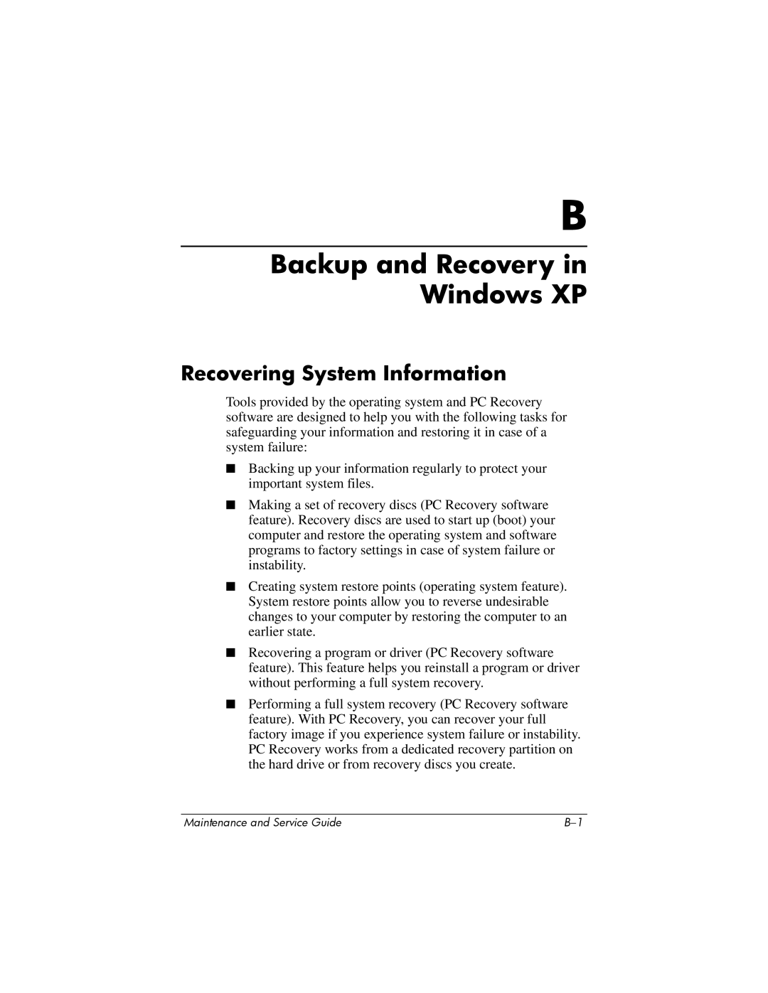 HP dv9000 manual Backup and Recovery in Windows XP, Recovering System Information 