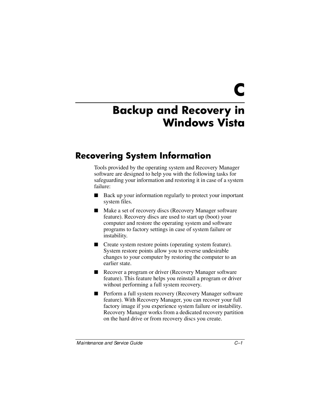 HP dv9000 manual Backup and Recovery in Windows Vista 