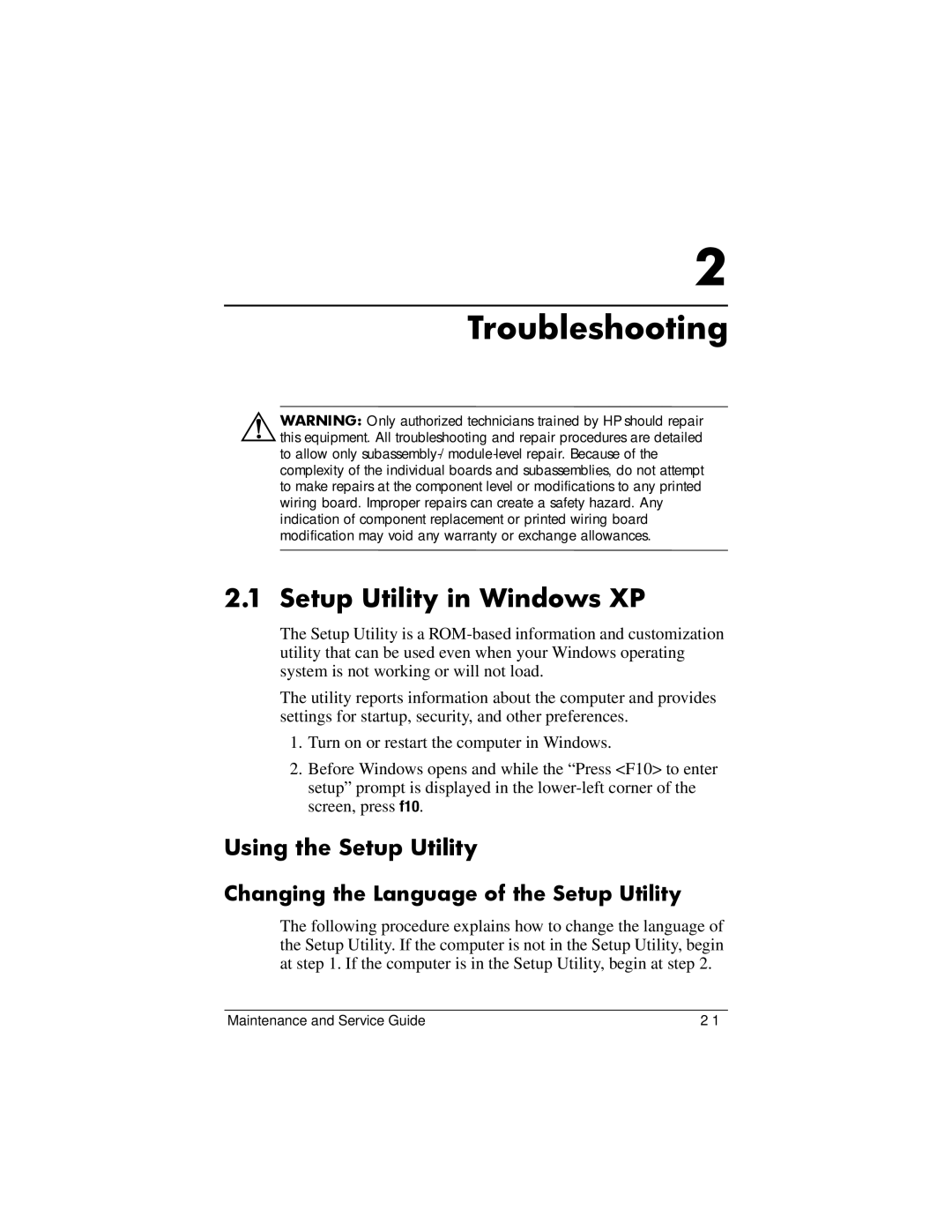 HP dv9000 manual Setup Utility in Windows XP, Changing the Language of the Setup Utility 