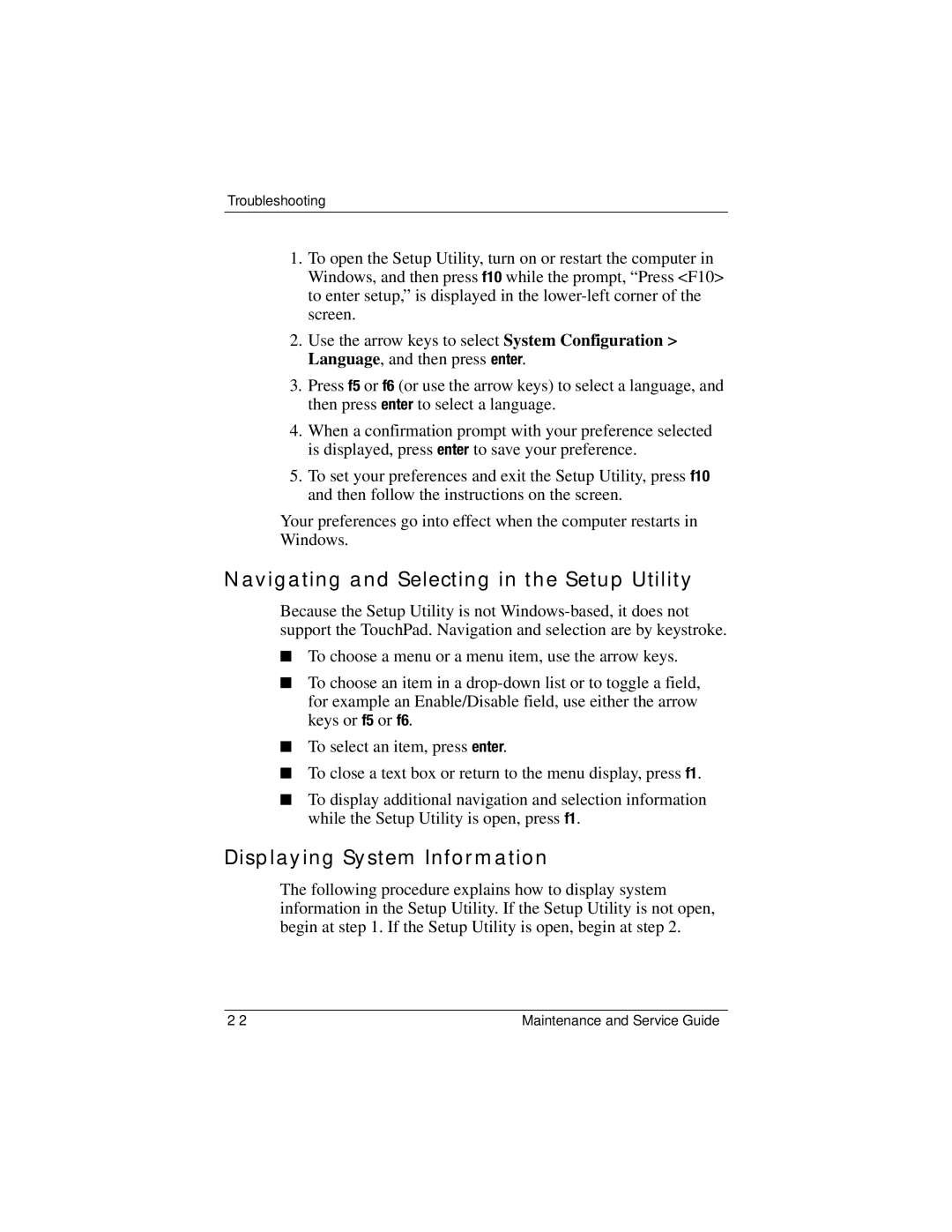 HP dv9000 manual Navigating and Selecting in the Setup Utility, Displaying System Information 