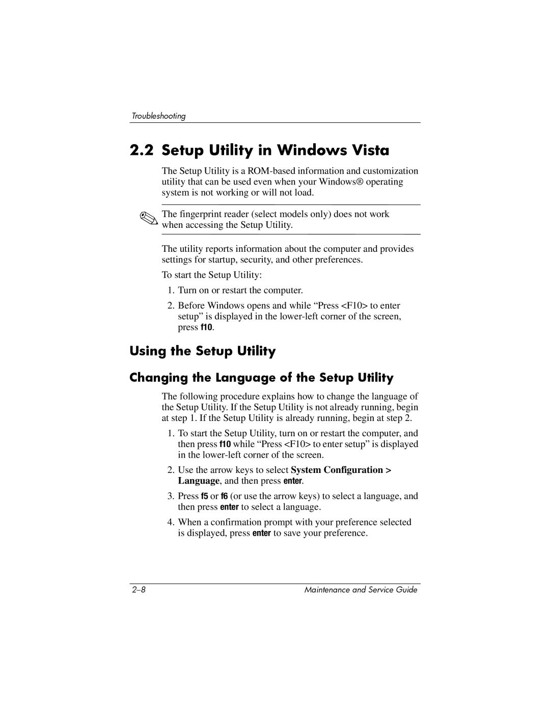 HP dv9000 manual Setup Utility in Windows Vista, Changing the Language of the Setup Utility 