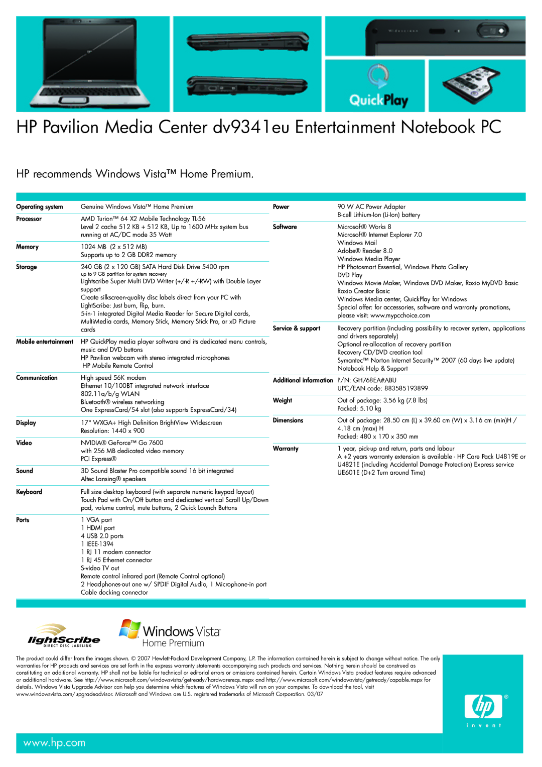 HP manual HP Pavilion Media Center dv9341eu Entertainment Notebook PC, GH768EA#ABU 