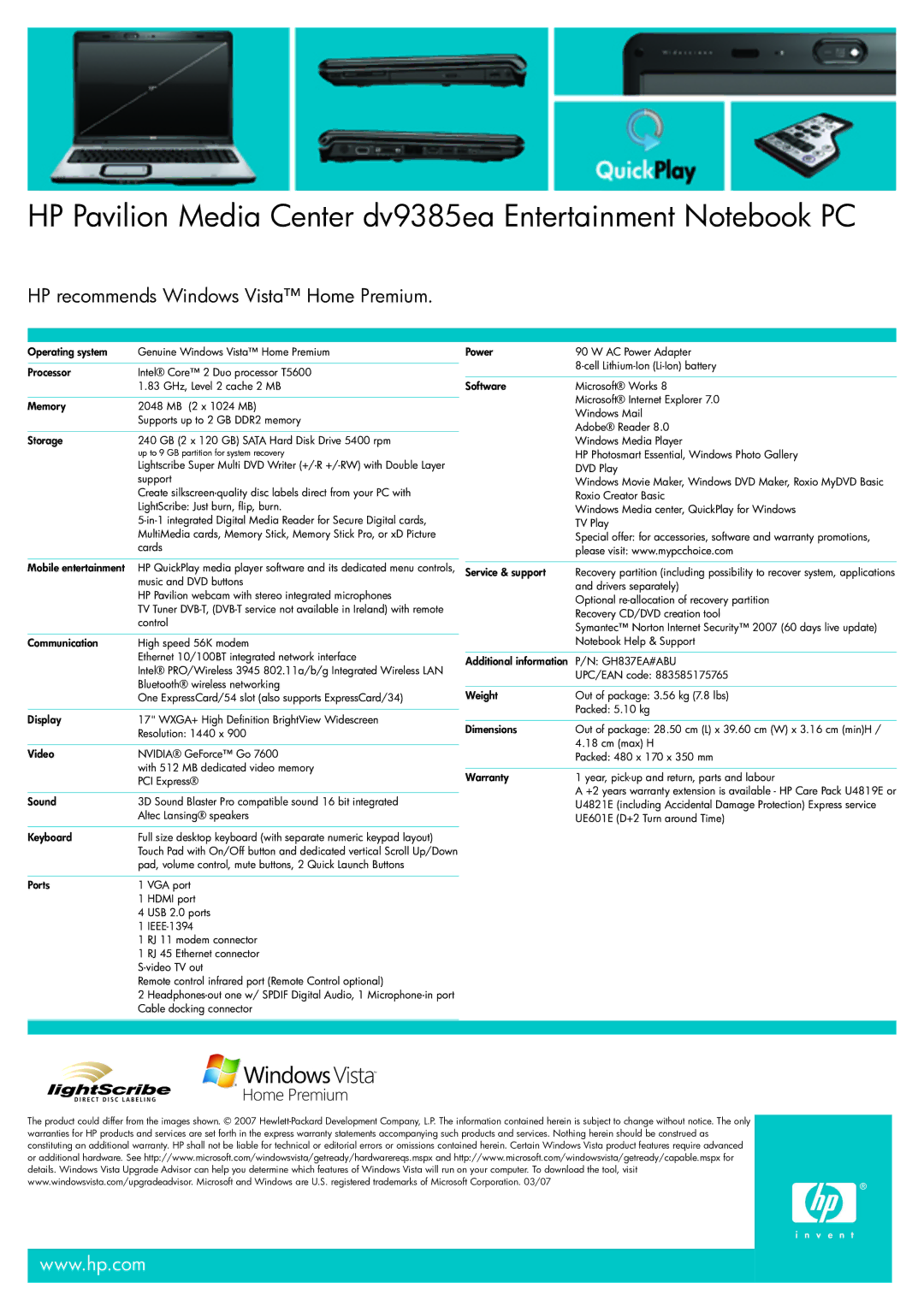 HP manual HP Pavilion Media Center dv9385ea Entertainment Notebook PC, GH837EA#ABU 