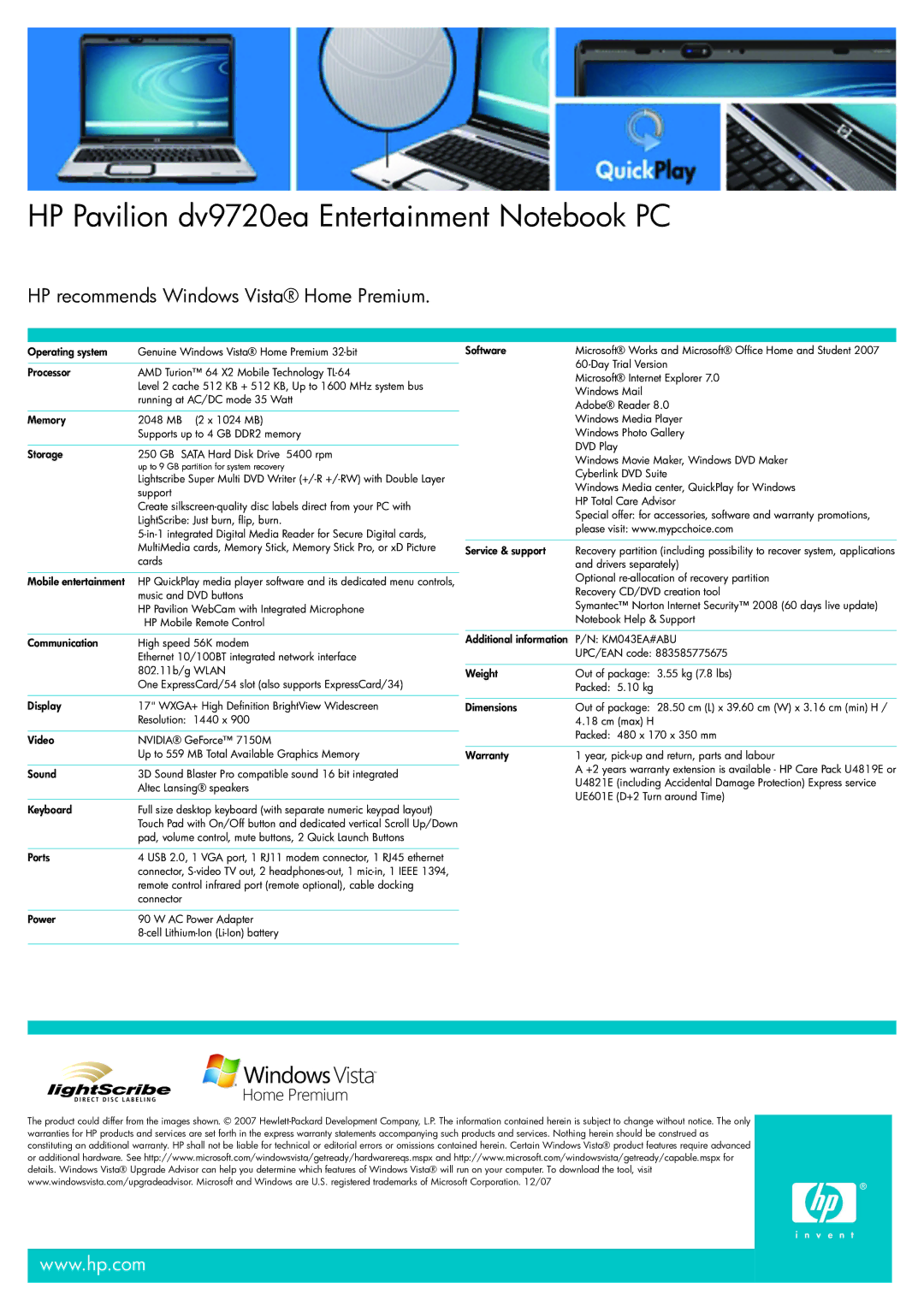 HP manual HP Pavilion dv9720ea Entertainment Notebook PC, KM043EA#ABU 