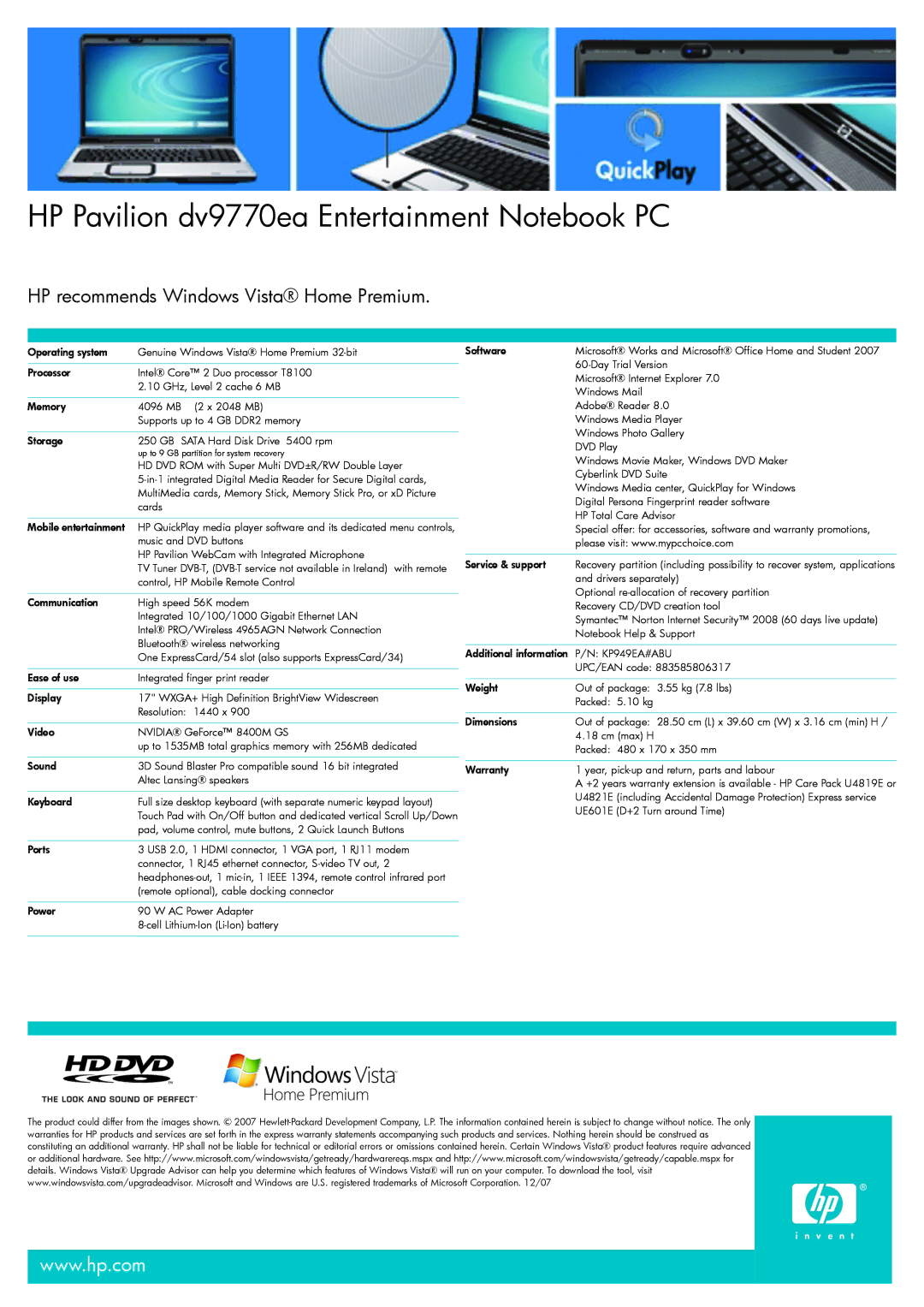 HP manual HP Pavilion dv9770ea Entertainment Notebook PC, KP949EA#ABU 