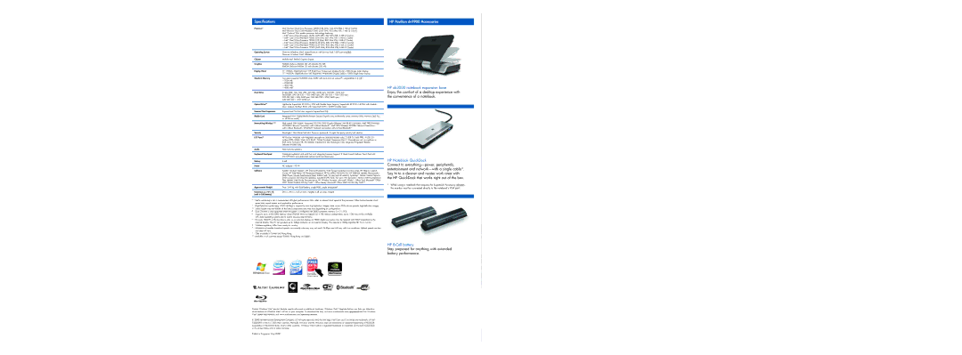 HP manual Specifications, HP Pavilion dv9900 Accessories 