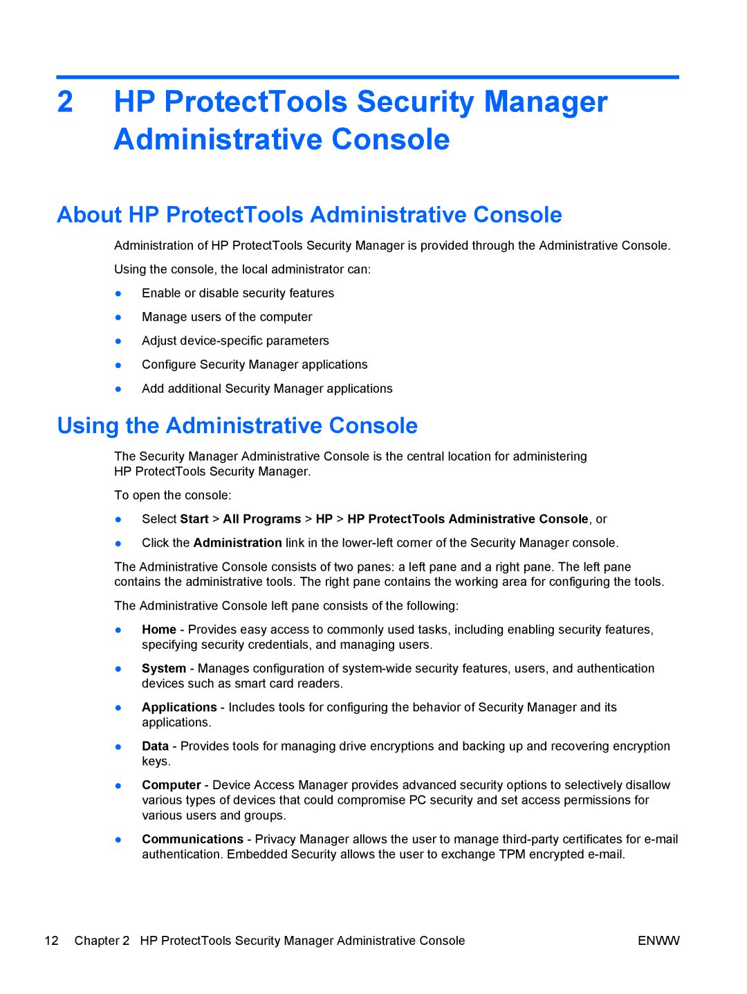 HP dx2030 manual HP ProtectTools Security Manager Administrative Console, About HP ProtectTools Administrative Console 