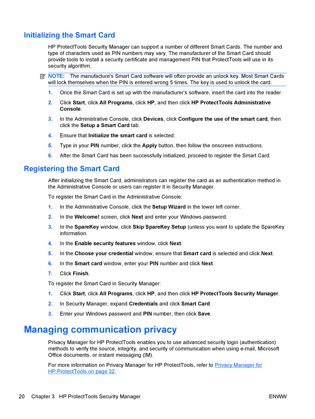 HP dx2030 manual Managing communication privacy, Initializing the Smart Card, Registering the Smart Card 