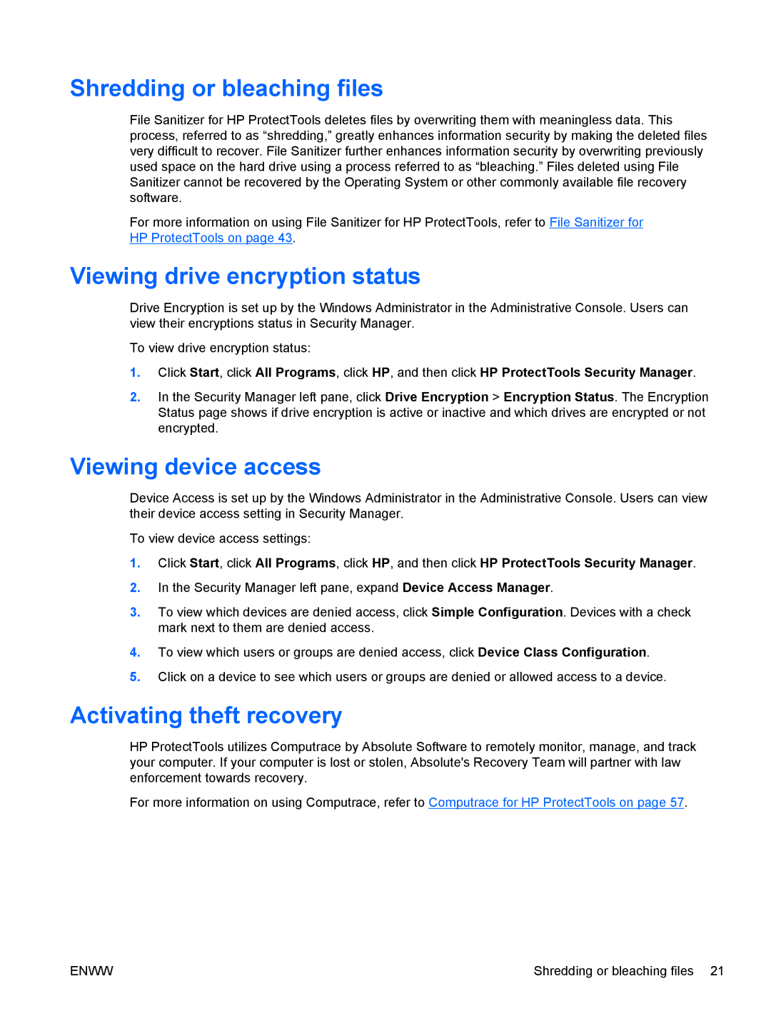 HP dx2030 Shredding or bleaching files, Viewing drive encryption status, Viewing device access, Activating theft recovery 