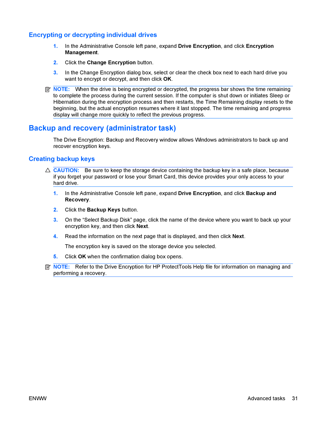 HP dx2030 manual Backup and recovery administrator task, Encrypting or decrypting individual drives, Creating backup keys 