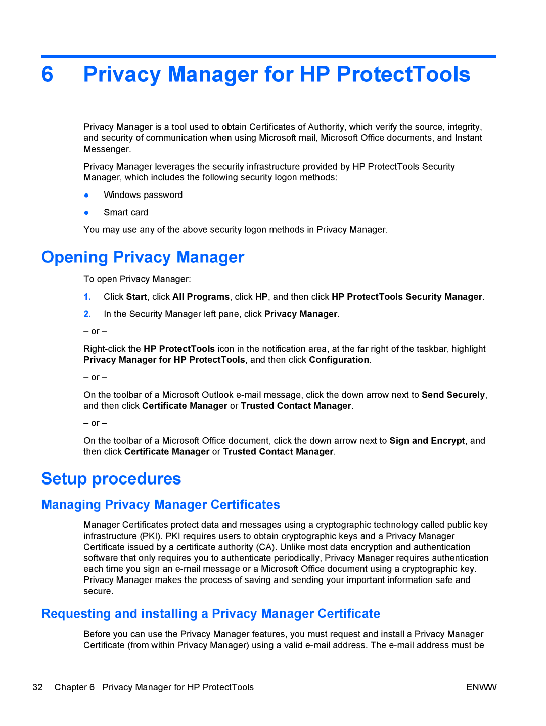 HP dx2030 manual Privacy Manager for HP ProtectTools, Opening Privacy Manager, Managing Privacy Manager Certificates 