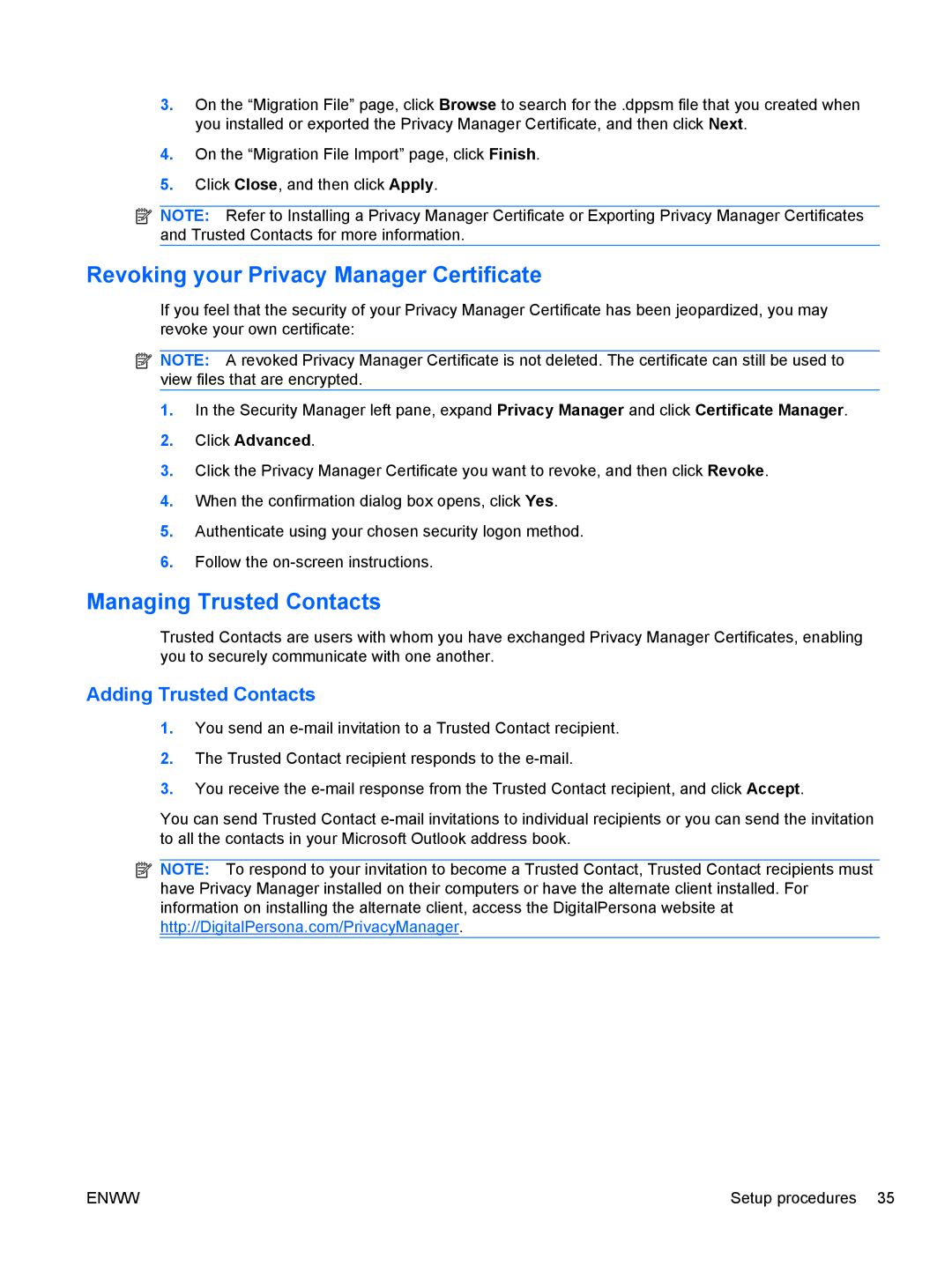 HP dx2030 Revoking your Privacy Manager Certificate, Managing Trusted Contacts, Adding Trusted Contacts, Click Advanced 