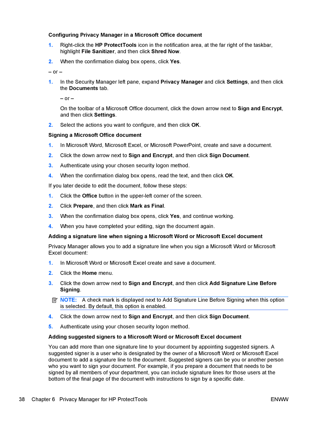 HP dx2030 manual Configuring Privacy Manager in a Microsoft Office document, Signing a Microsoft Office document 