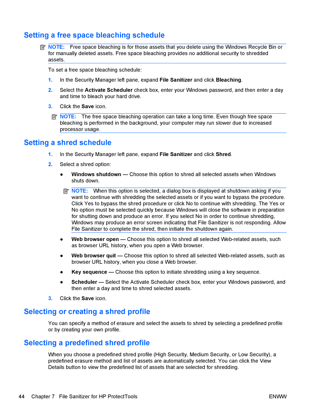 HP dx2030 manual Setting a free space bleaching schedule, Setting a shred schedule, Selecting or creating a shred profile 