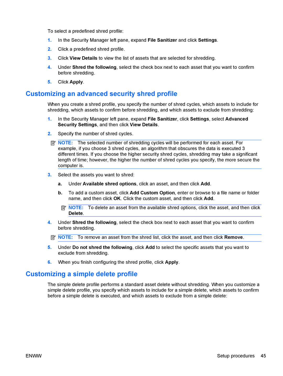 HP dx2030 manual Customizing an advanced security shred profile, Customizing a simple delete profile 