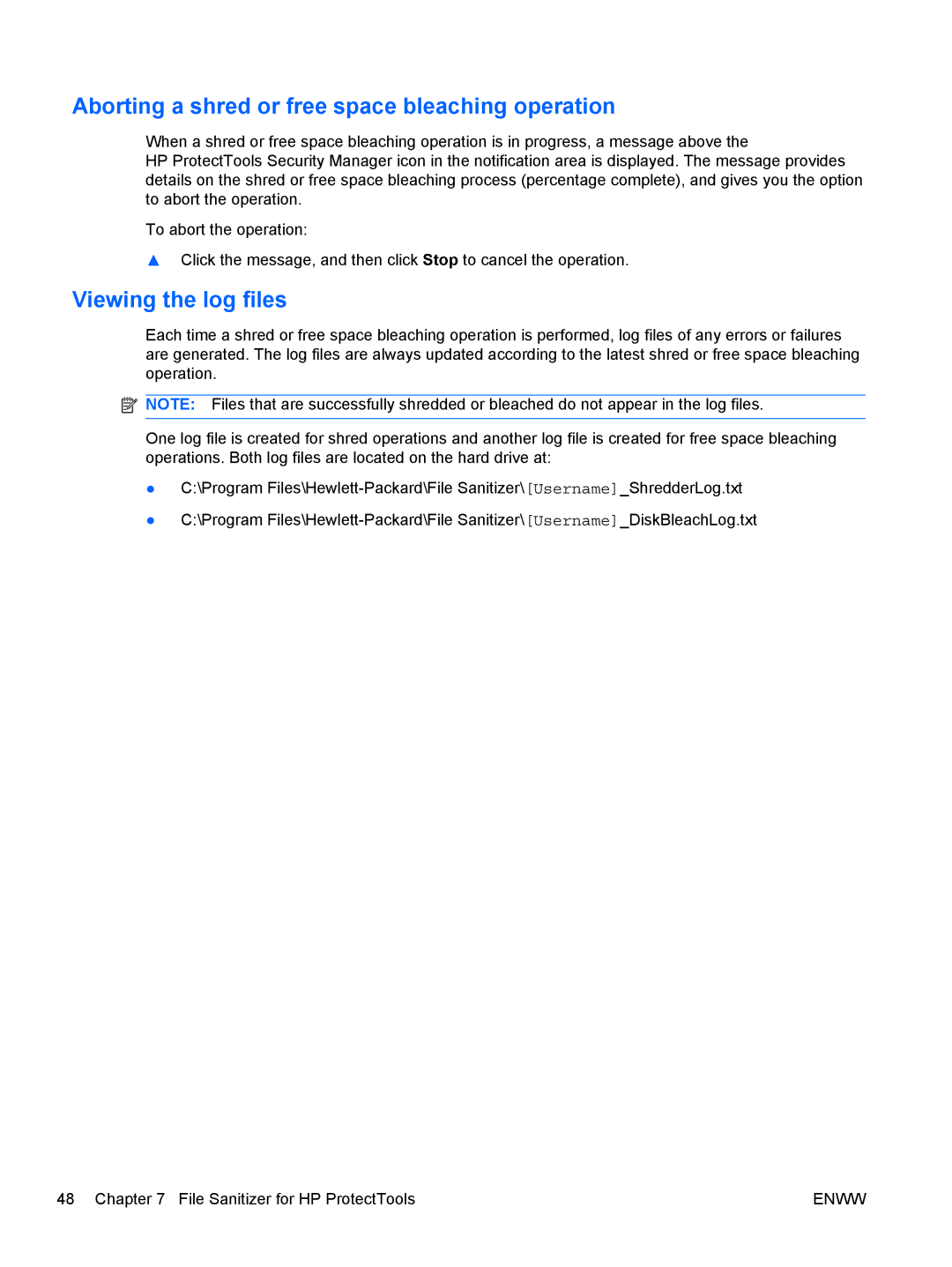 HP dx2030 manual Aborting a shred or free space bleaching operation, Viewing the log files 