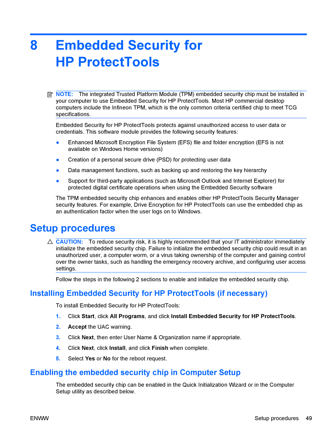 HP dx2030 manual Embedded Security for HP ProtectTools, Enabling the embedded security chip in Computer Setup 