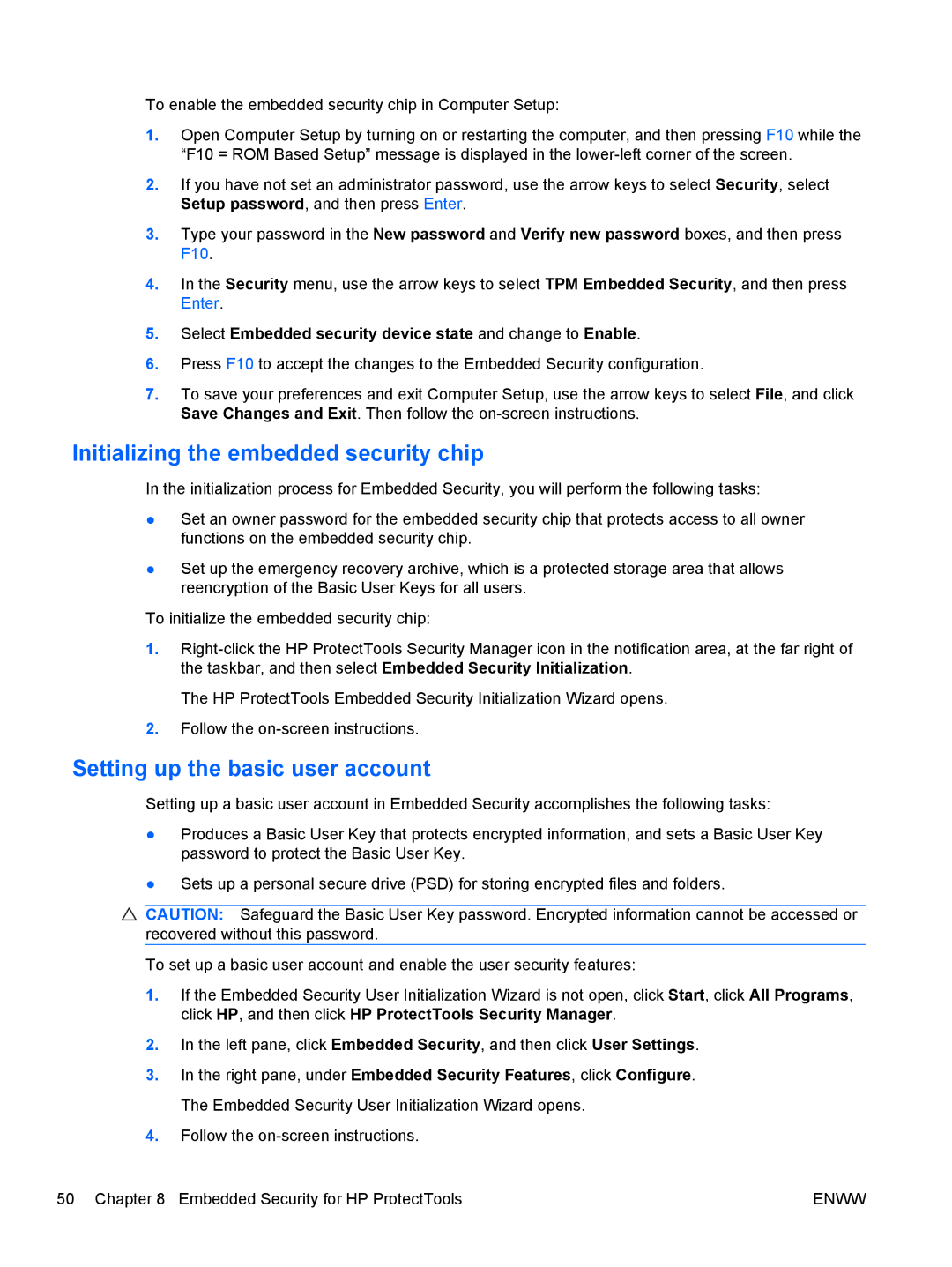 HP dx2030 manual Initializing the embedded security chip, Setting up the basic user account 