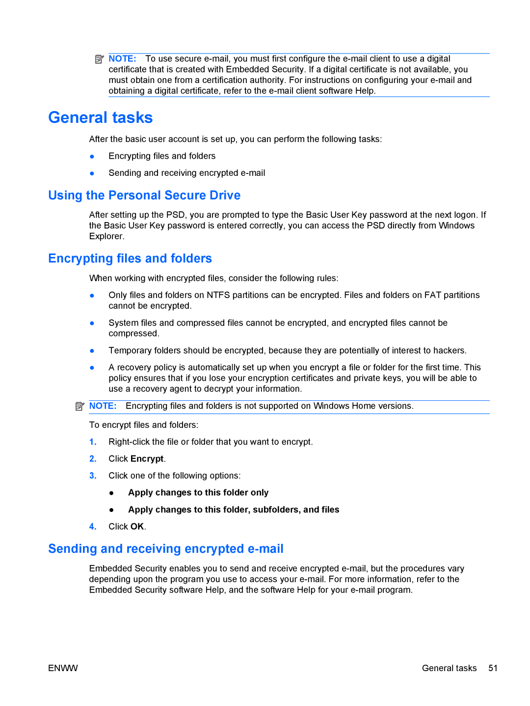 HP dx2030 manual Using the Personal Secure Drive, Encrypting files and folders, Sending and receiving encrypted e-mail 