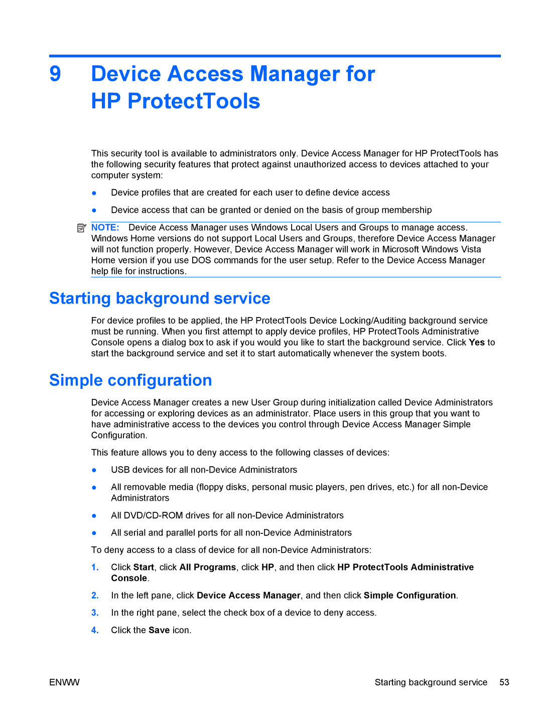 HP dx2030 manual Device Access Manager for HP ProtectTools, Starting background service, Simple configuration 