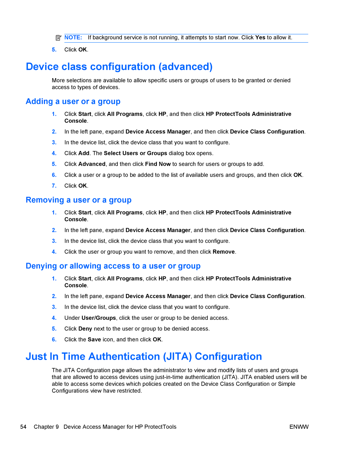 HP dx2030 Device class configuration advanced, Just In Time Authentication Jita Configuration, Adding a user or a group 