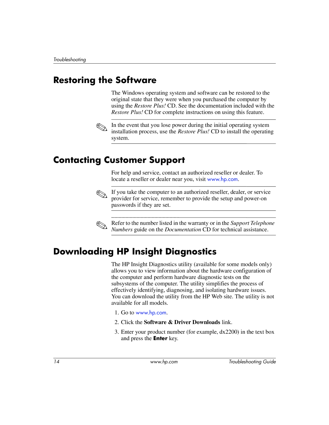 HP dx2200 manual Restoring the Software, Contacting Customer Support, Downloading HP Insight Diagnostics 