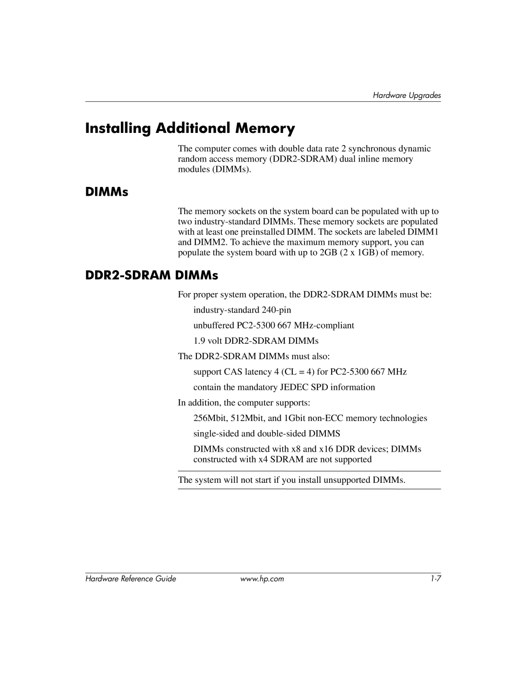 HP dx2200 manual Installing Additional Memory, DDR2-SDRAM DIMMs 