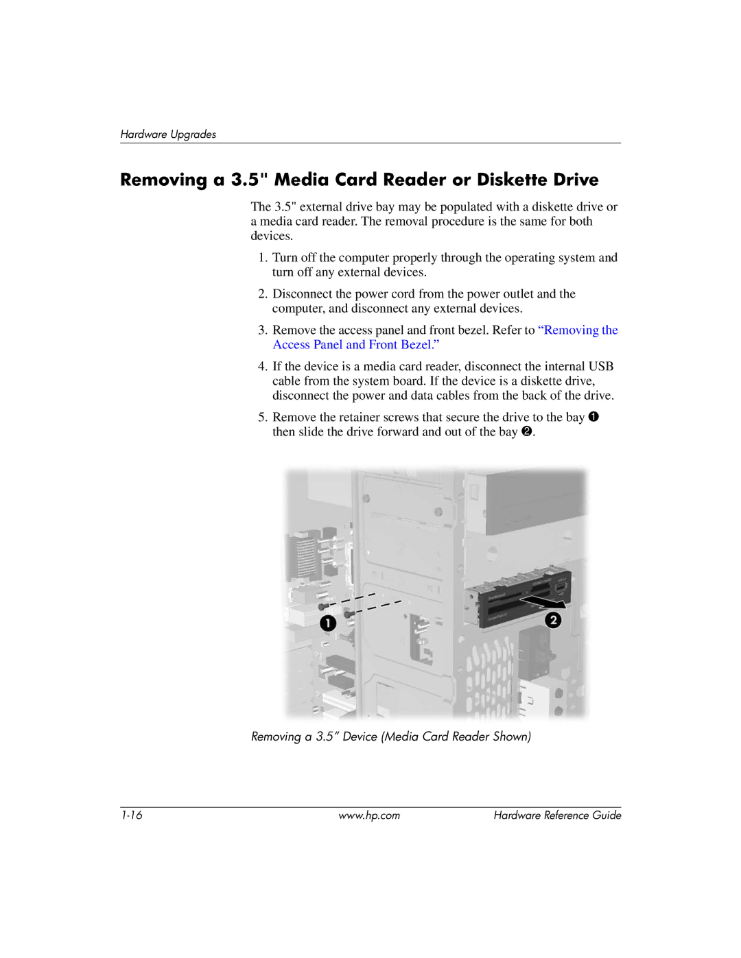 HP dx2200 manual Removing a 3.5 Media Card Reader or Diskette Drive 