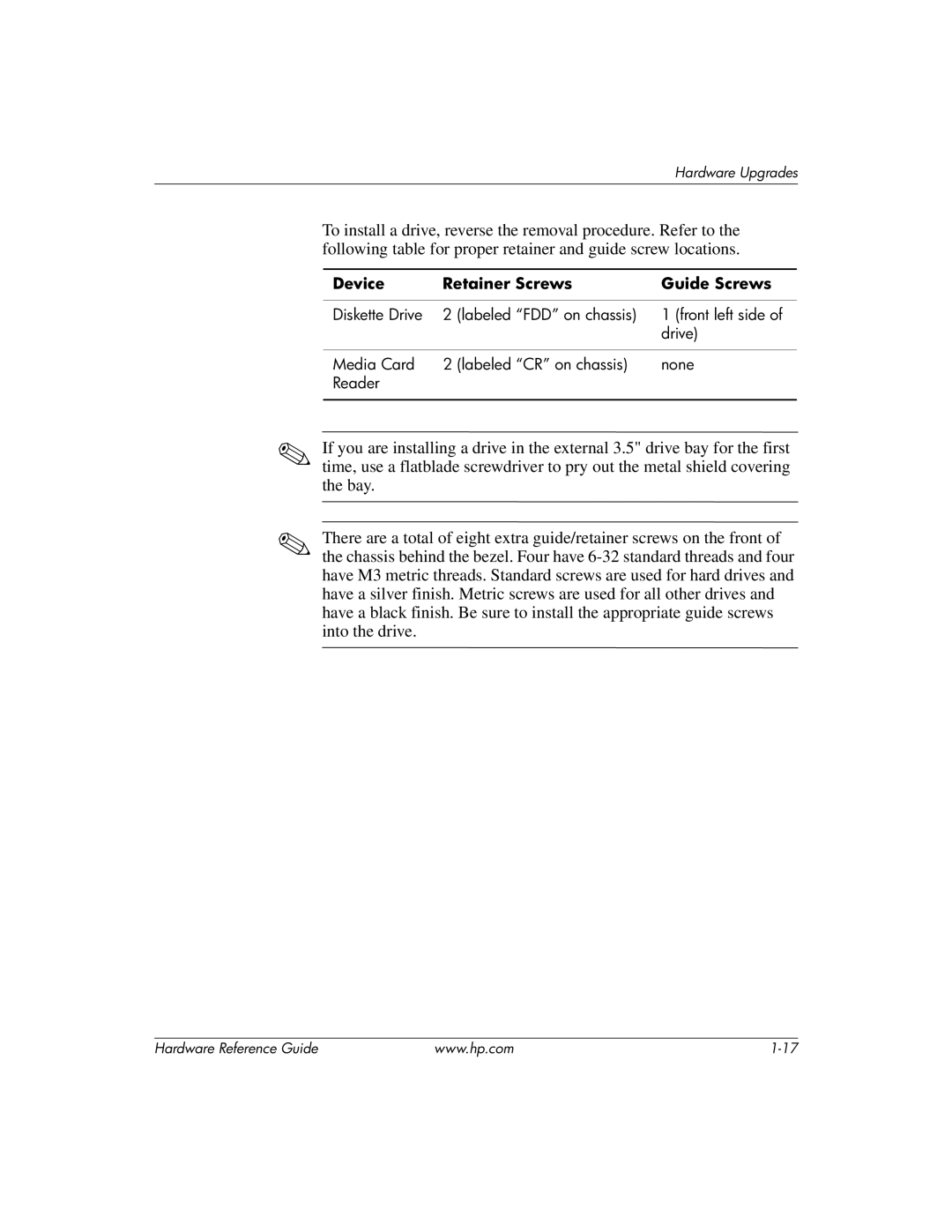 HP dx2200 manual Device Retainer Screws Guide Screws 