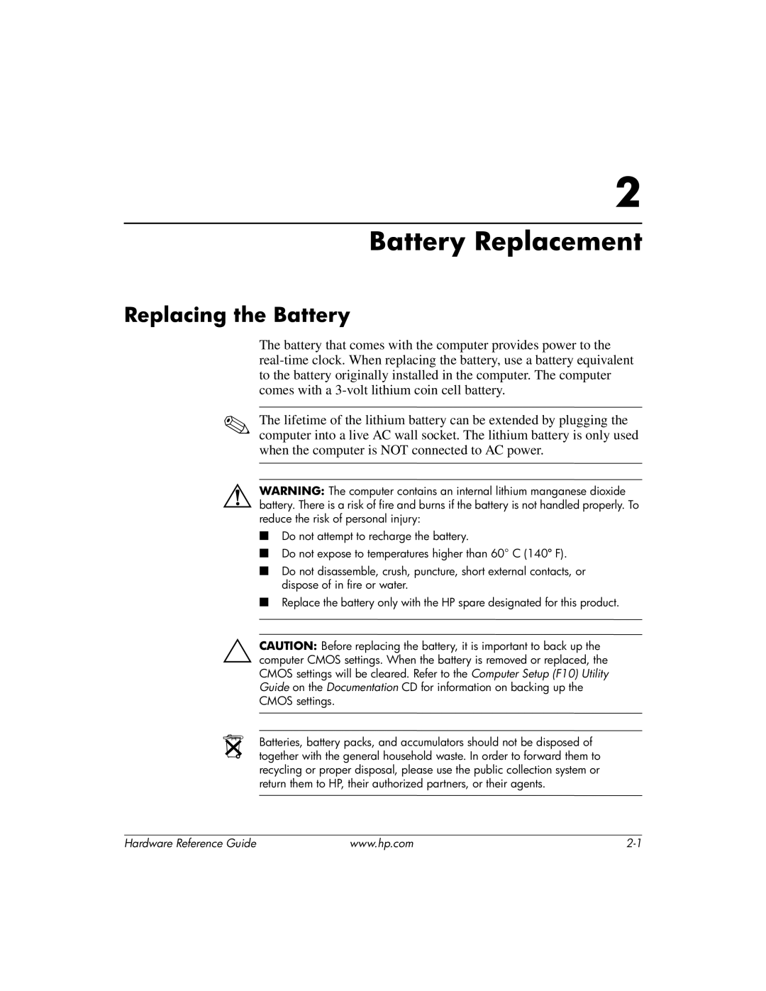 HP dx2200 manual Battery Replacement, Replacing the Battery 