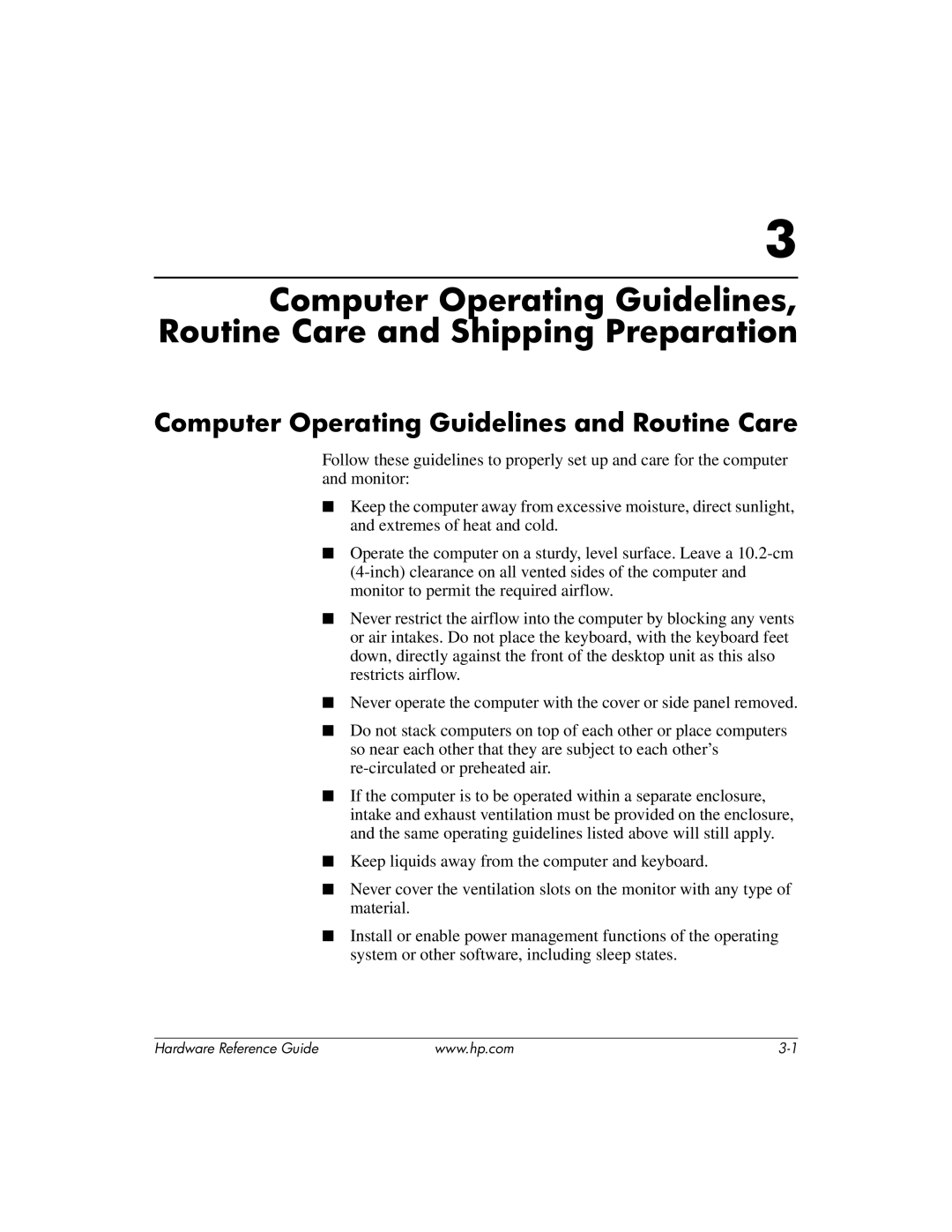 HP dx2200 manual Computer Operating Guidelines and Routine Care 