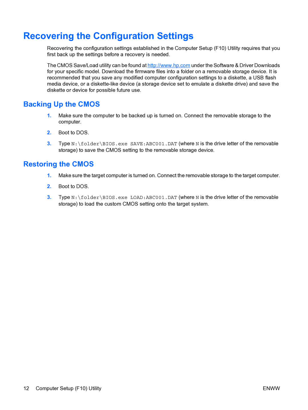 HP dx2200 manual Backing Up the Cmos, Restoring the Cmos 