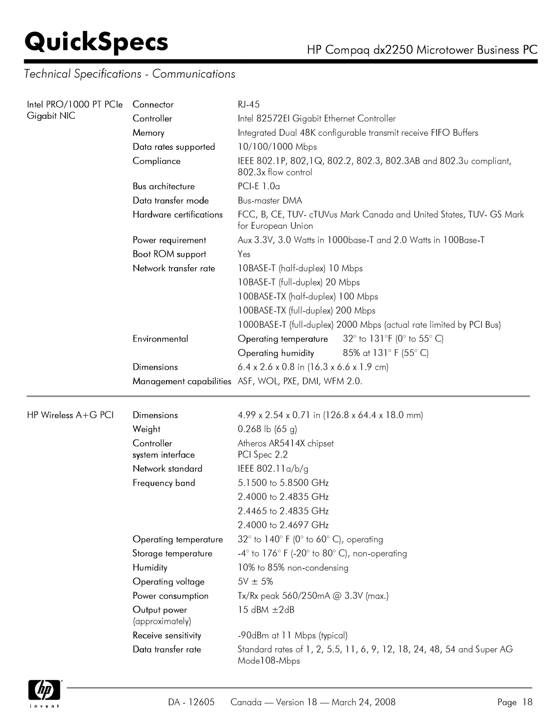 HP DX2250 manual Technical Specifications Communications 