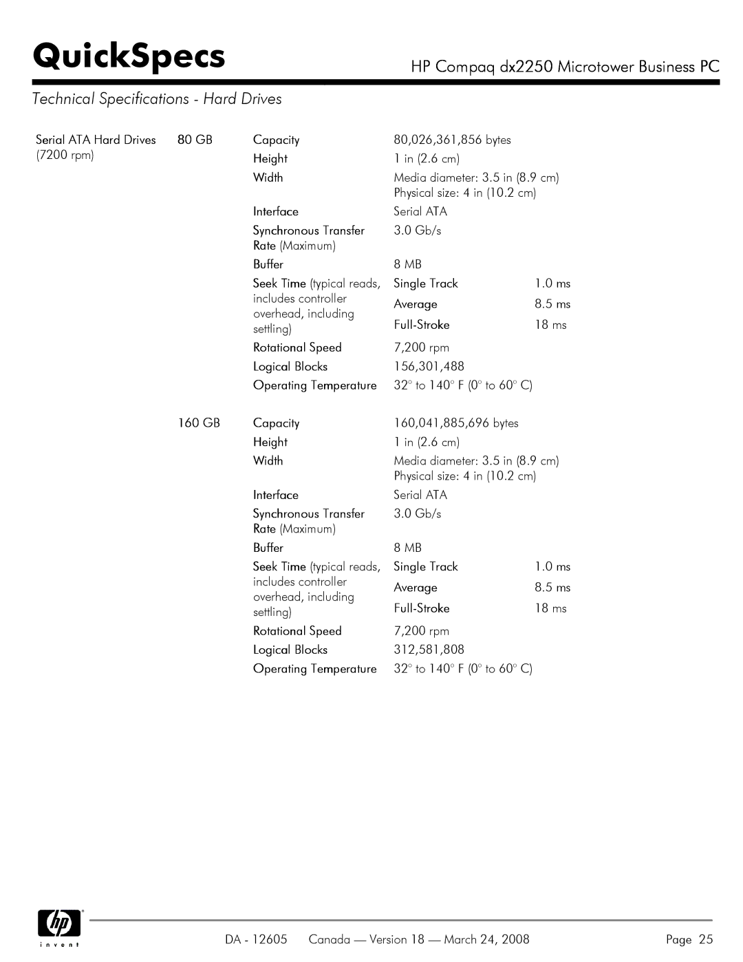 HP DX2250 manual Technical Specifications Hard Drives 