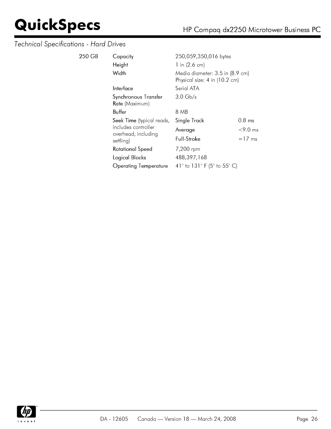 HP DX2250 manual GB Capacity 