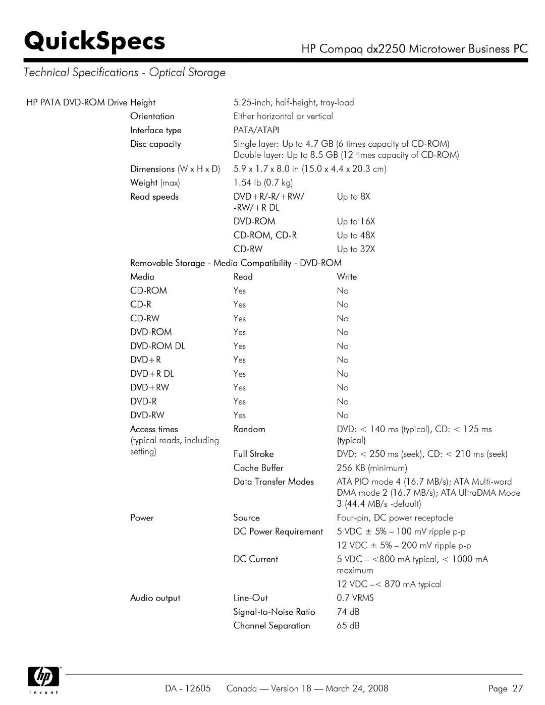 HP DX2250 manual Technical Specifications Optical Storage 