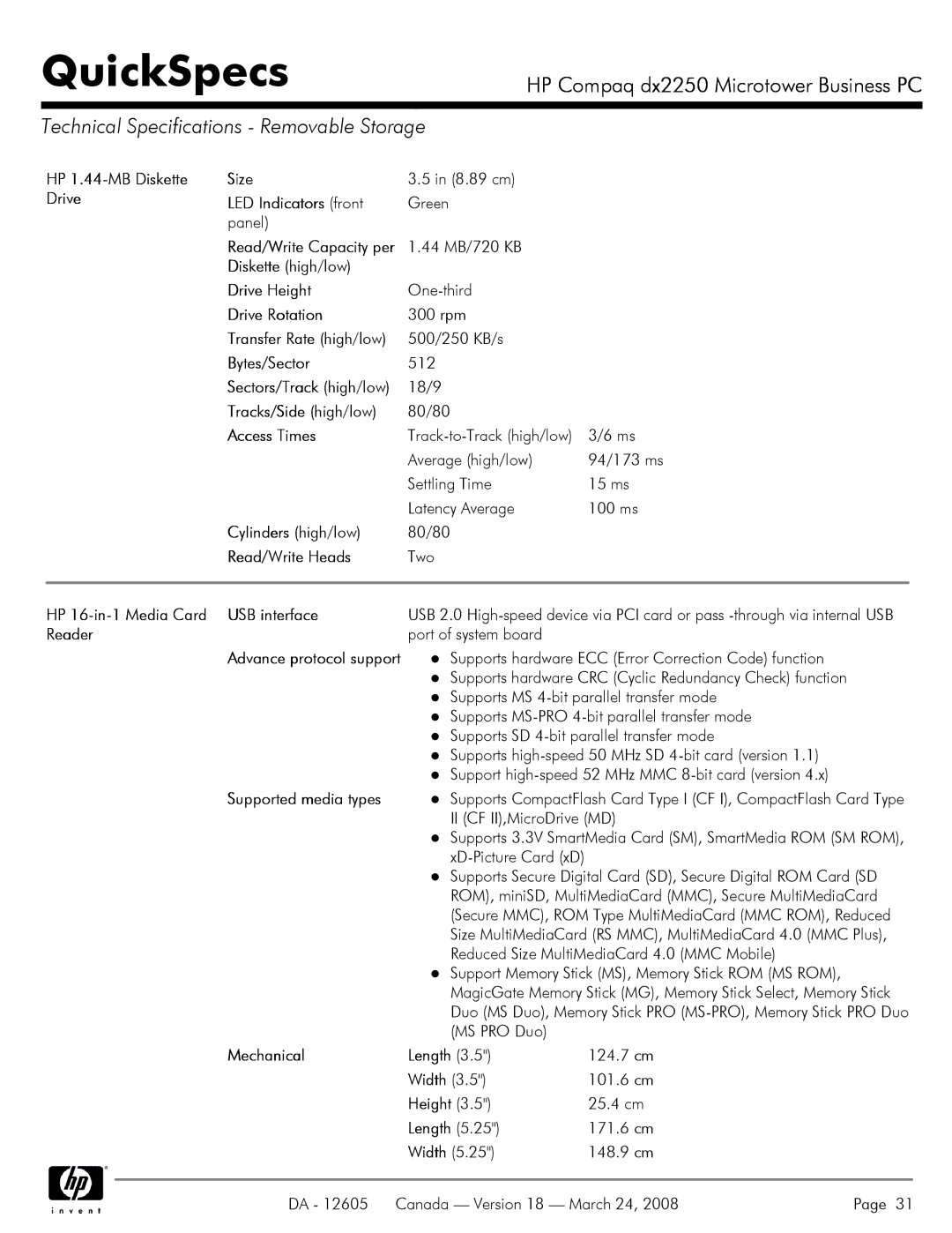 HP DX2250 manual Technical Specifications Removable Storage 