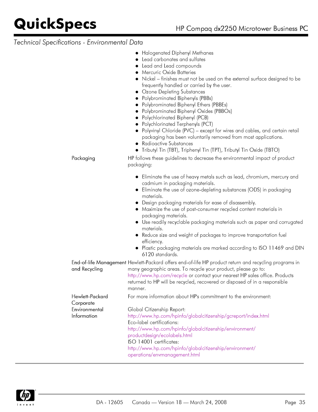 HP DX2250 manual Packaging, Hewlett-Packard, Corporate Environmental, Information 