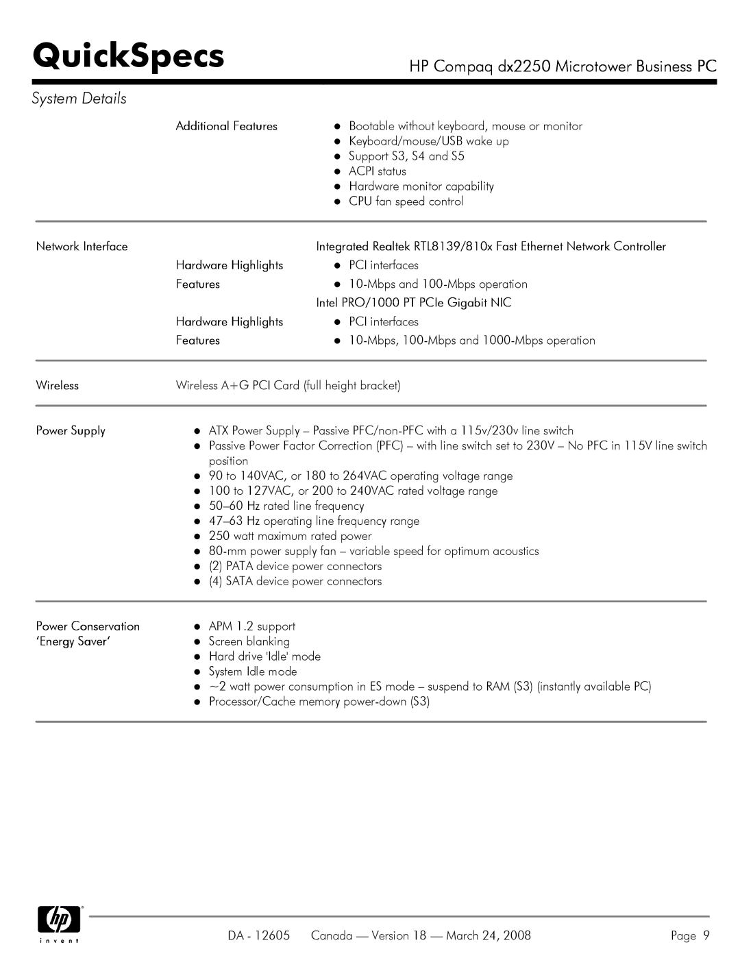 HP DX2250 manual Additional Features, Network Interface, Hardware Highlights, Intel PRO/1000 PT PCIe Gigabit NIC, Wireless 