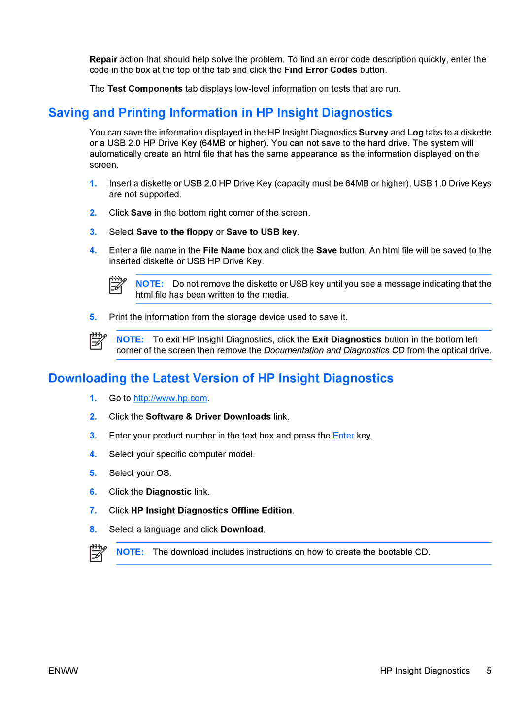 HP DX2250 manual Saving and Printing Information in HP Insight Diagnostics 